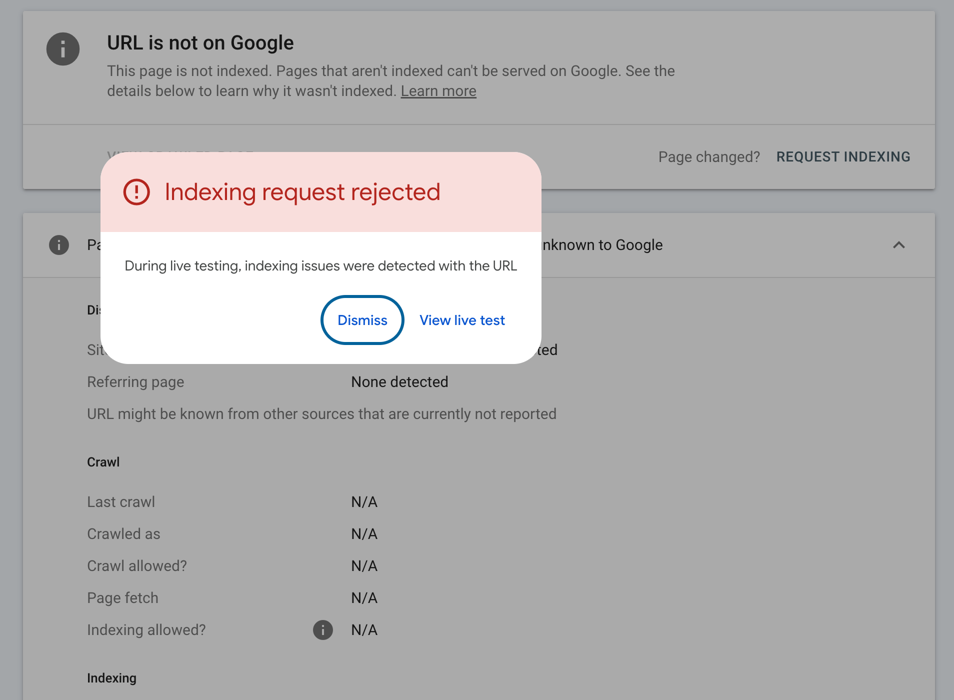 GSC indexing request rejected