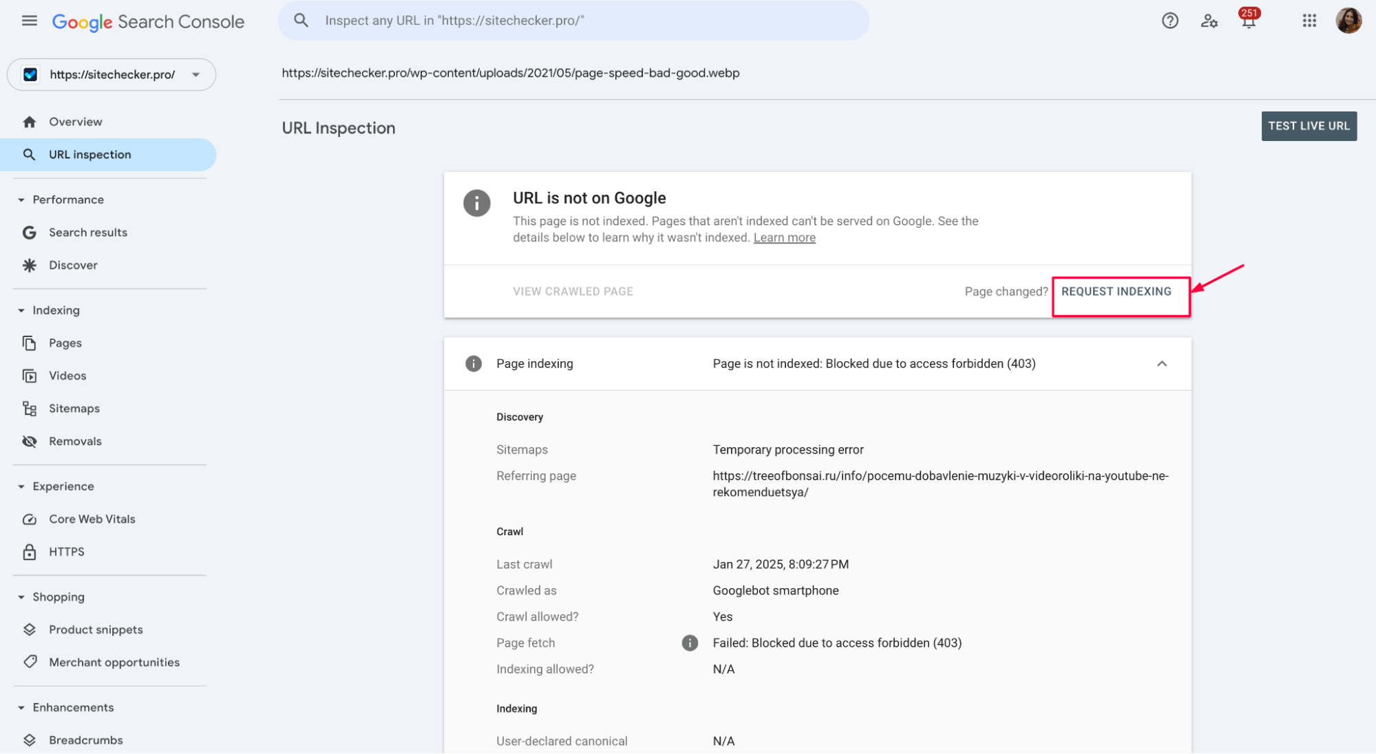 GSC request indexing