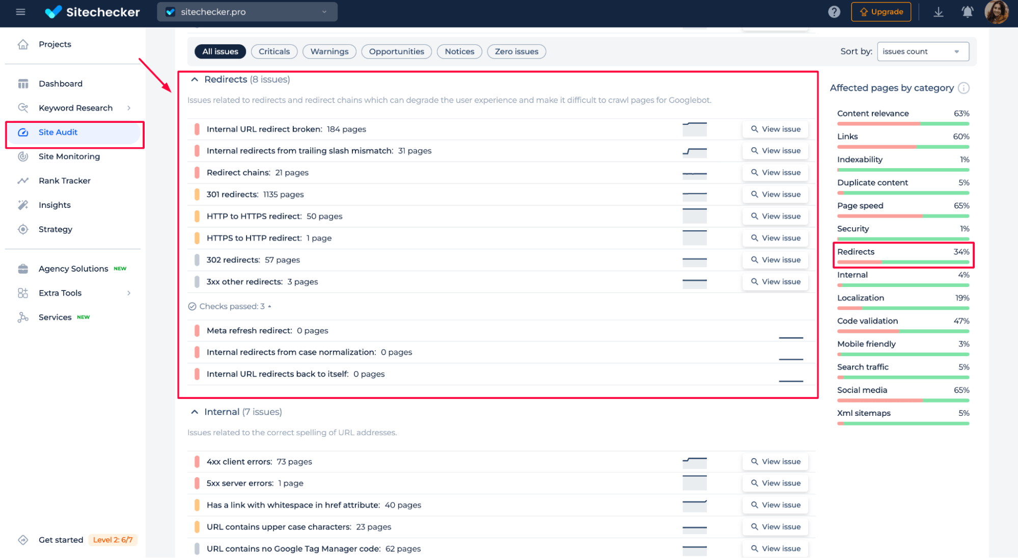 Sitechcecker redirects issues