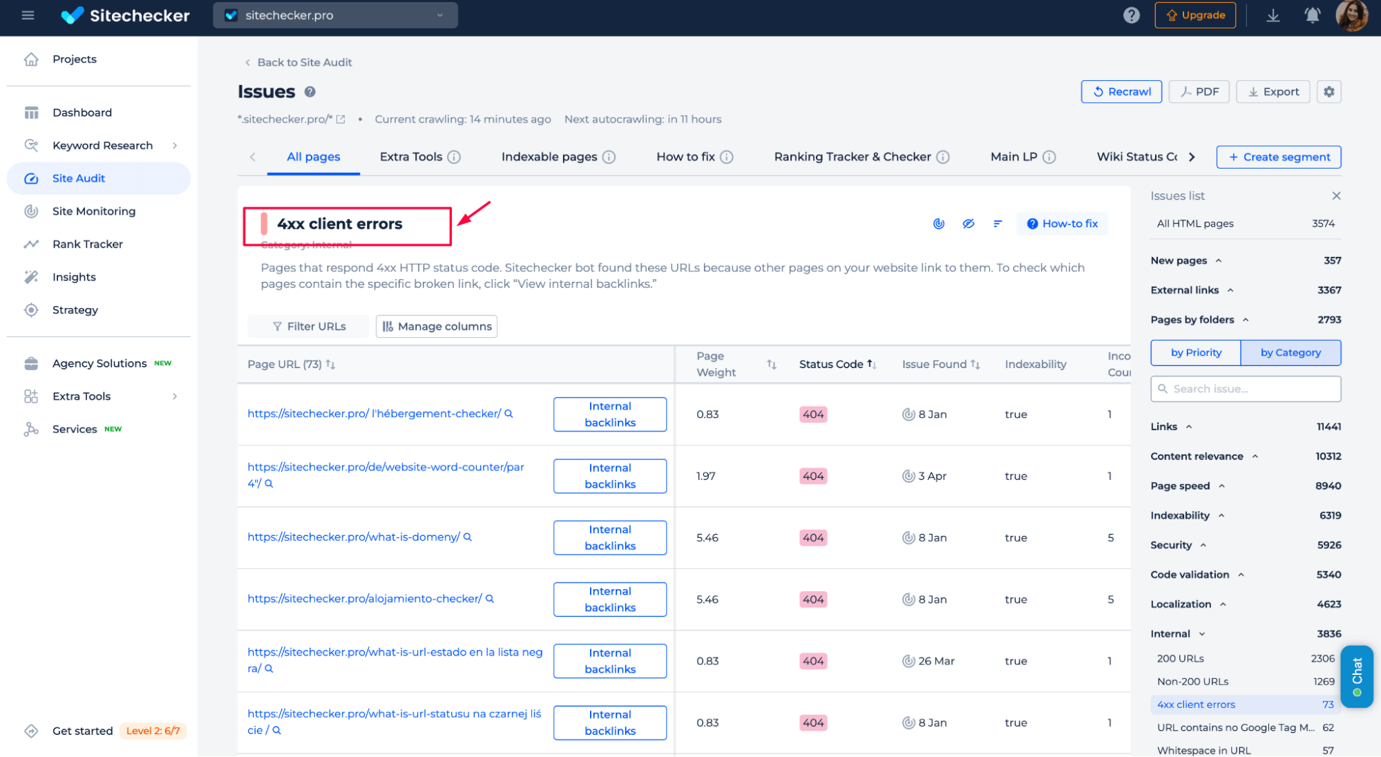 Sitechecker 4xx client error data