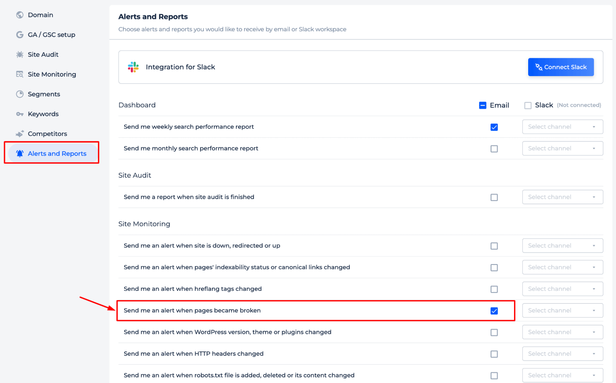 Sitechecker broken pages alerts