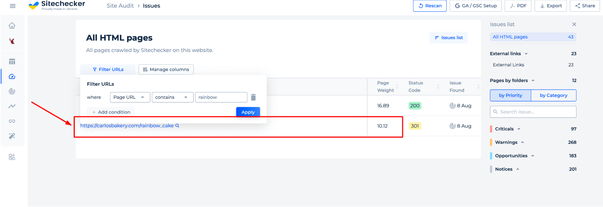 Sitechecker filter urls