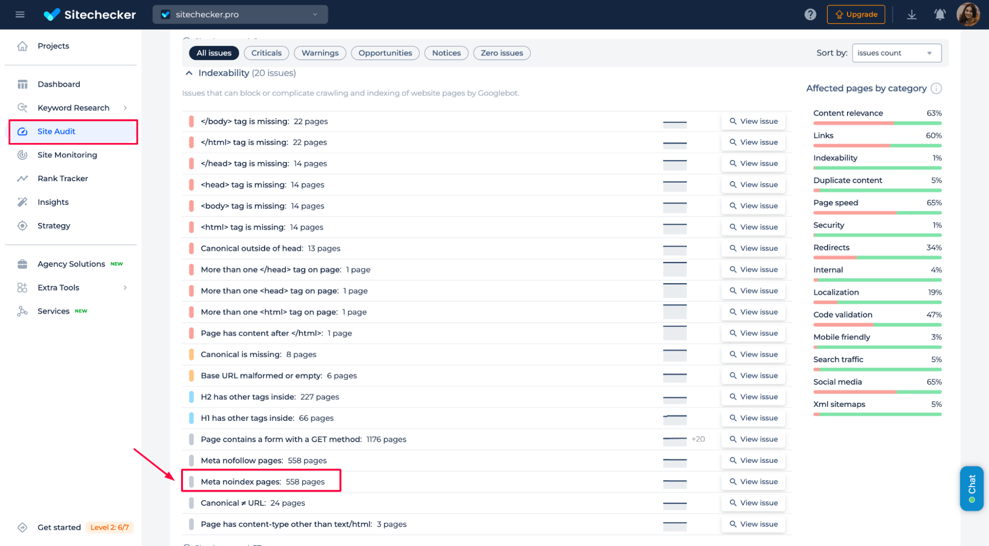 Sitechecker meta noindex pages