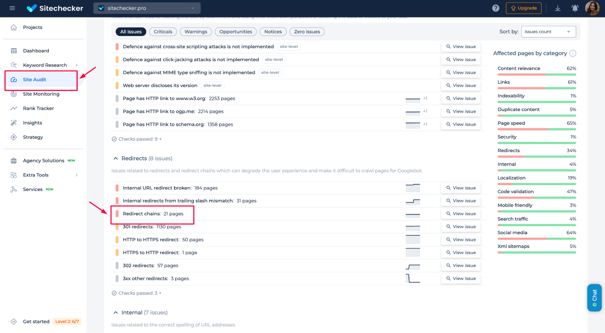 Sitechecker redirect chains issue