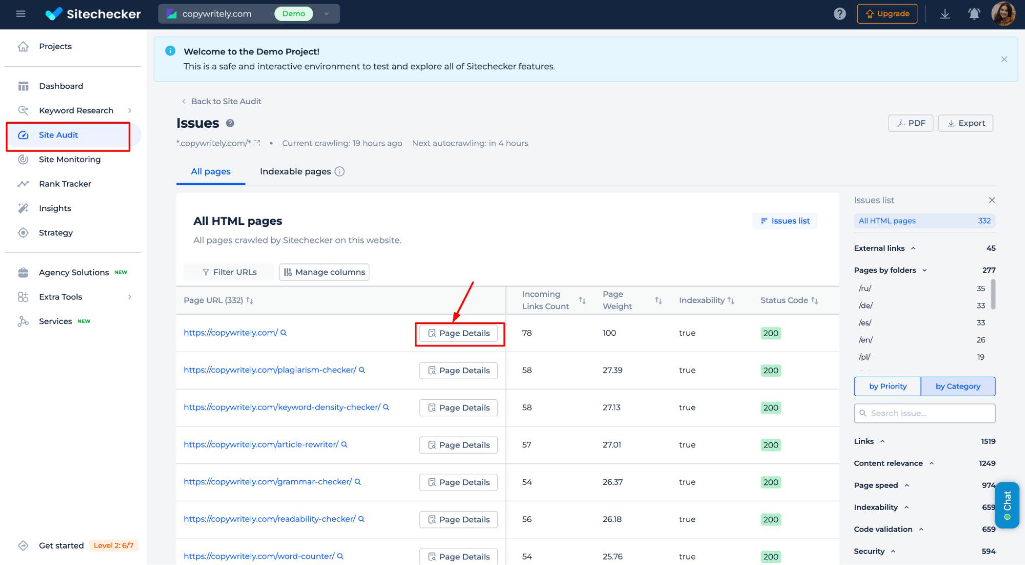 Sitechecker site audit page details