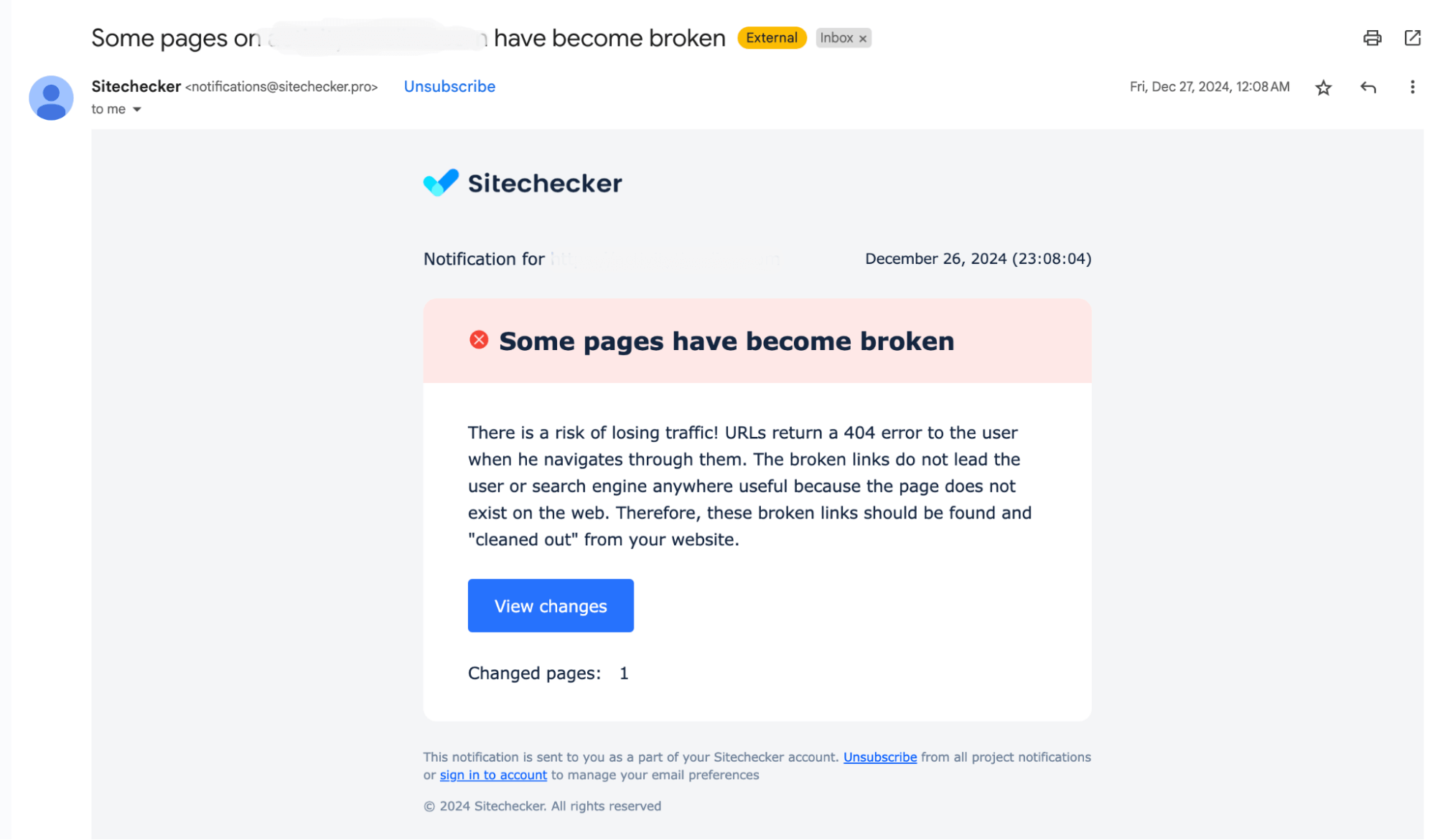 Sitechcecker some pages have become broken alert