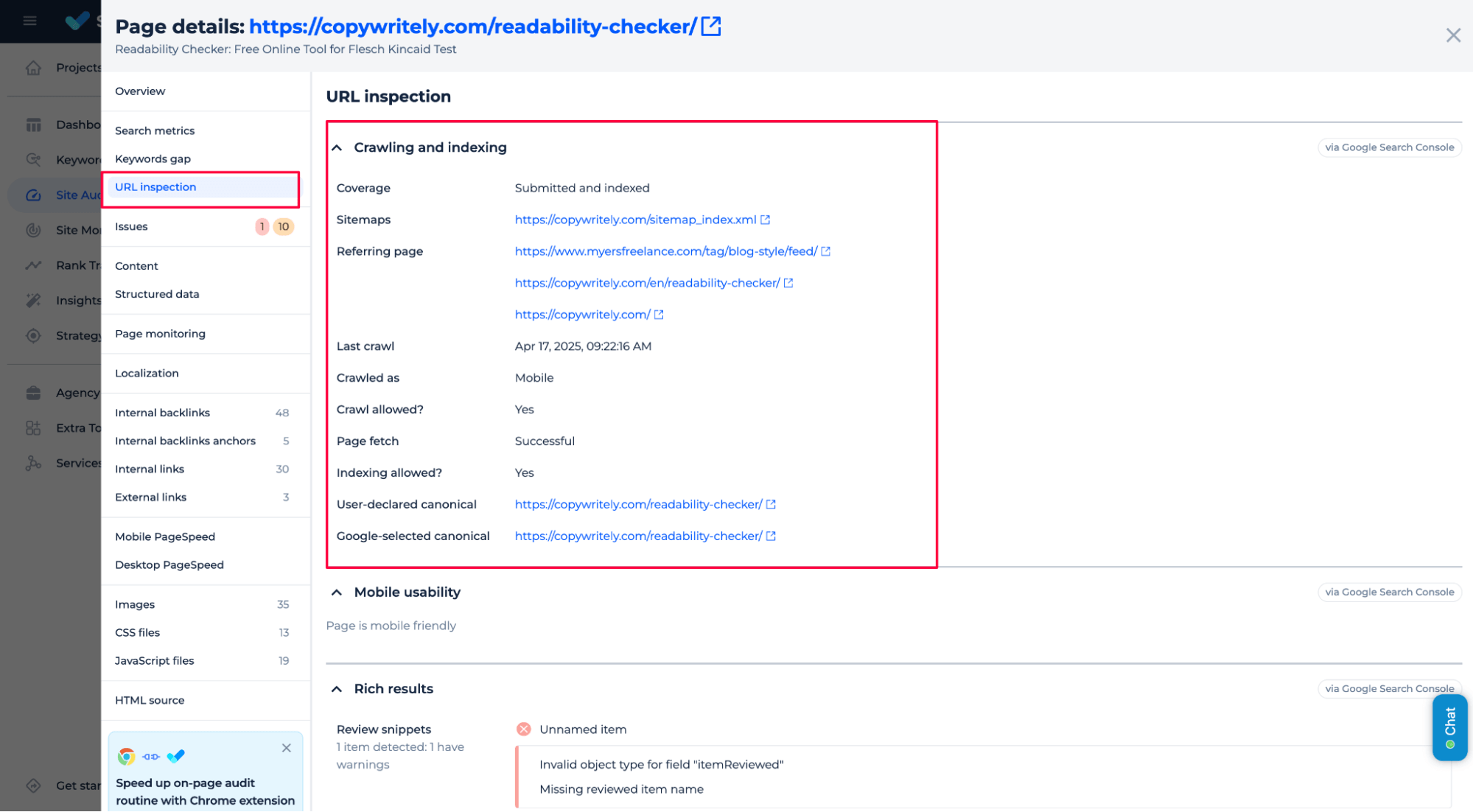 Sitechecker URL inspection panel