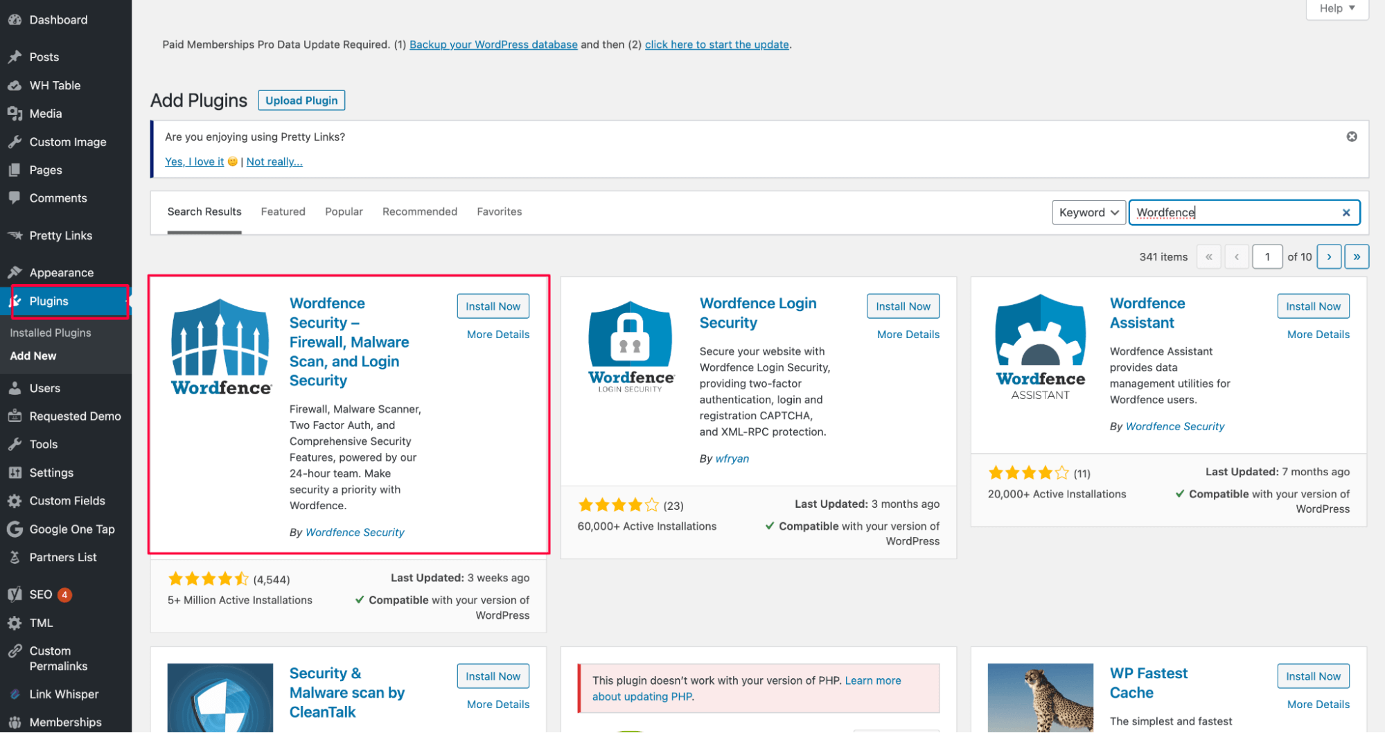 Wordfence security plugin wp