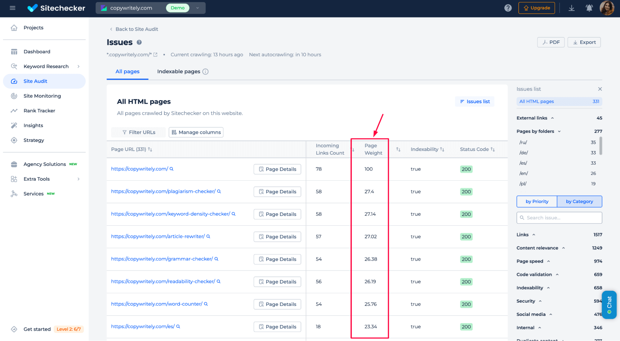 Sitechecker all html pages, page weight