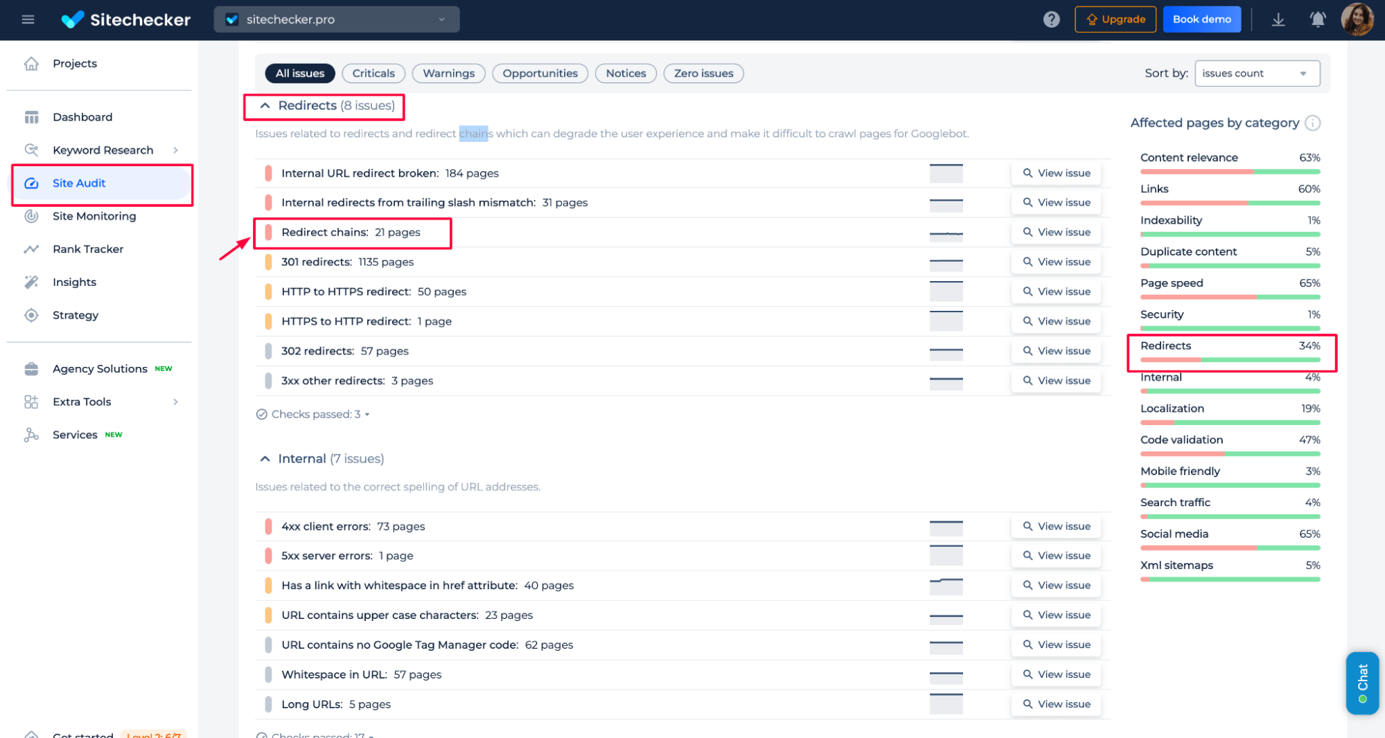 Sitechecker redirect chains