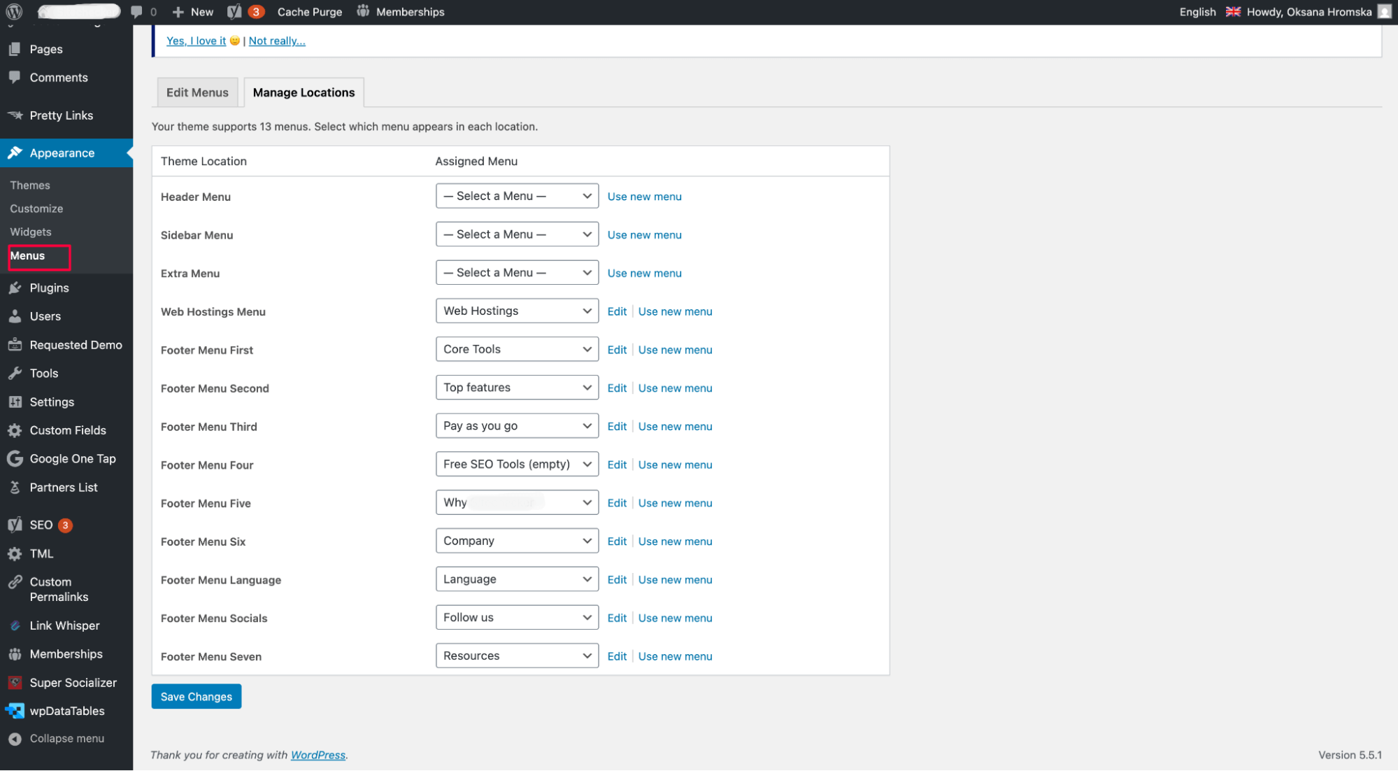 WP site navigation menu