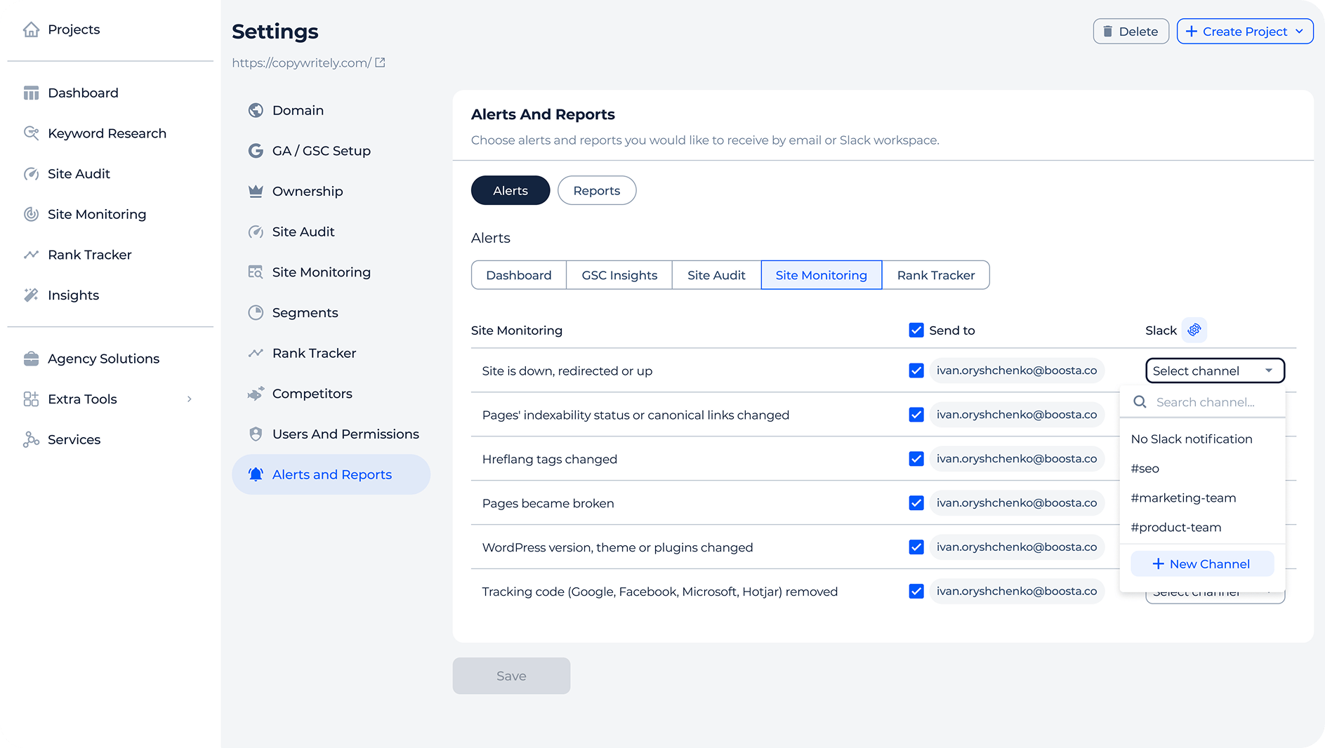 Event-driven alerts via email or slack