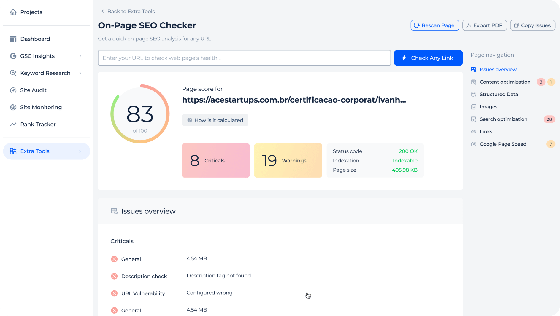 One-page SEO audit with real-time GSC data