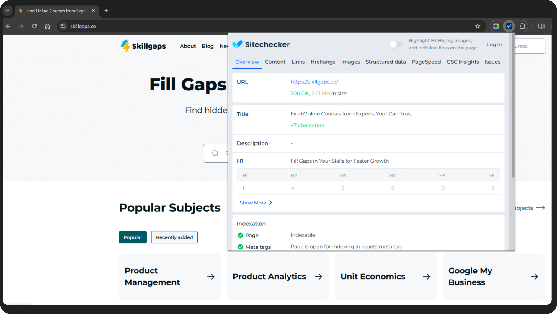 Sitechecker Chrome extension for on-page SEO audit
