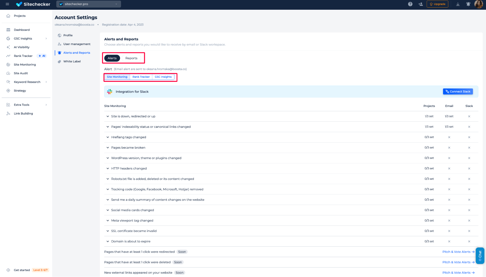 Sitechecker alerts, reports