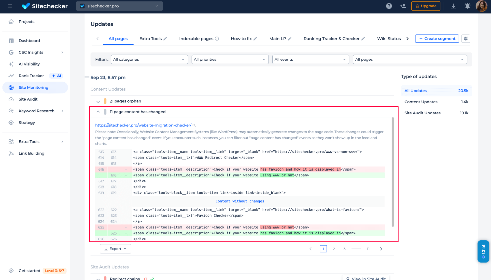 Sitechecker content, indexability monitoring