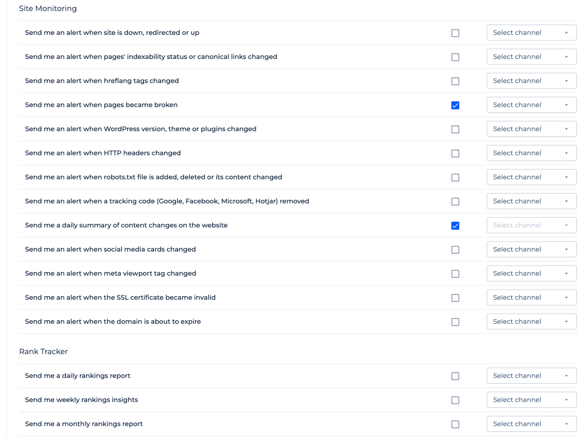 Sitechecker site monitoring alerts