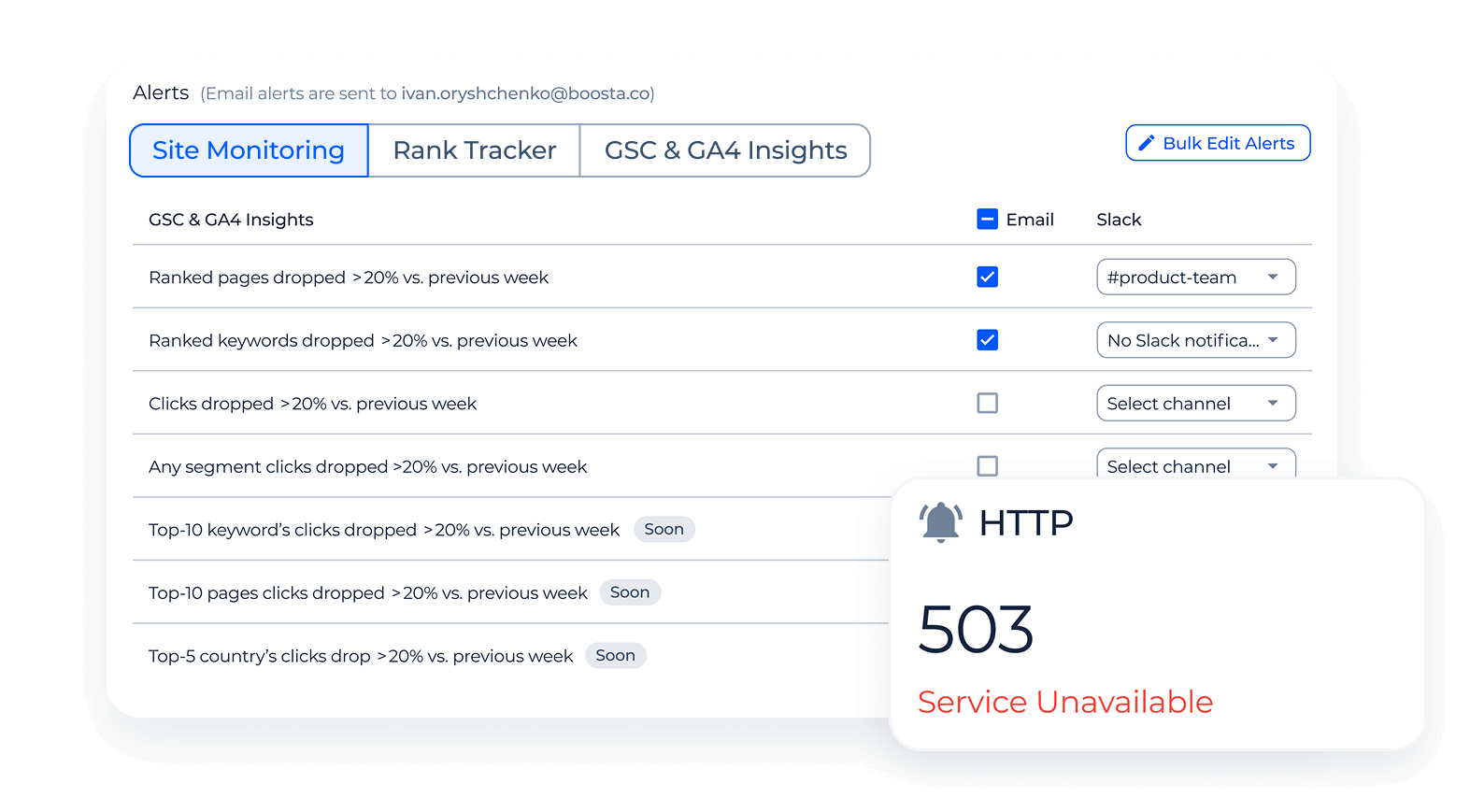 Technical, GSC, GA4, rank tracker alerts