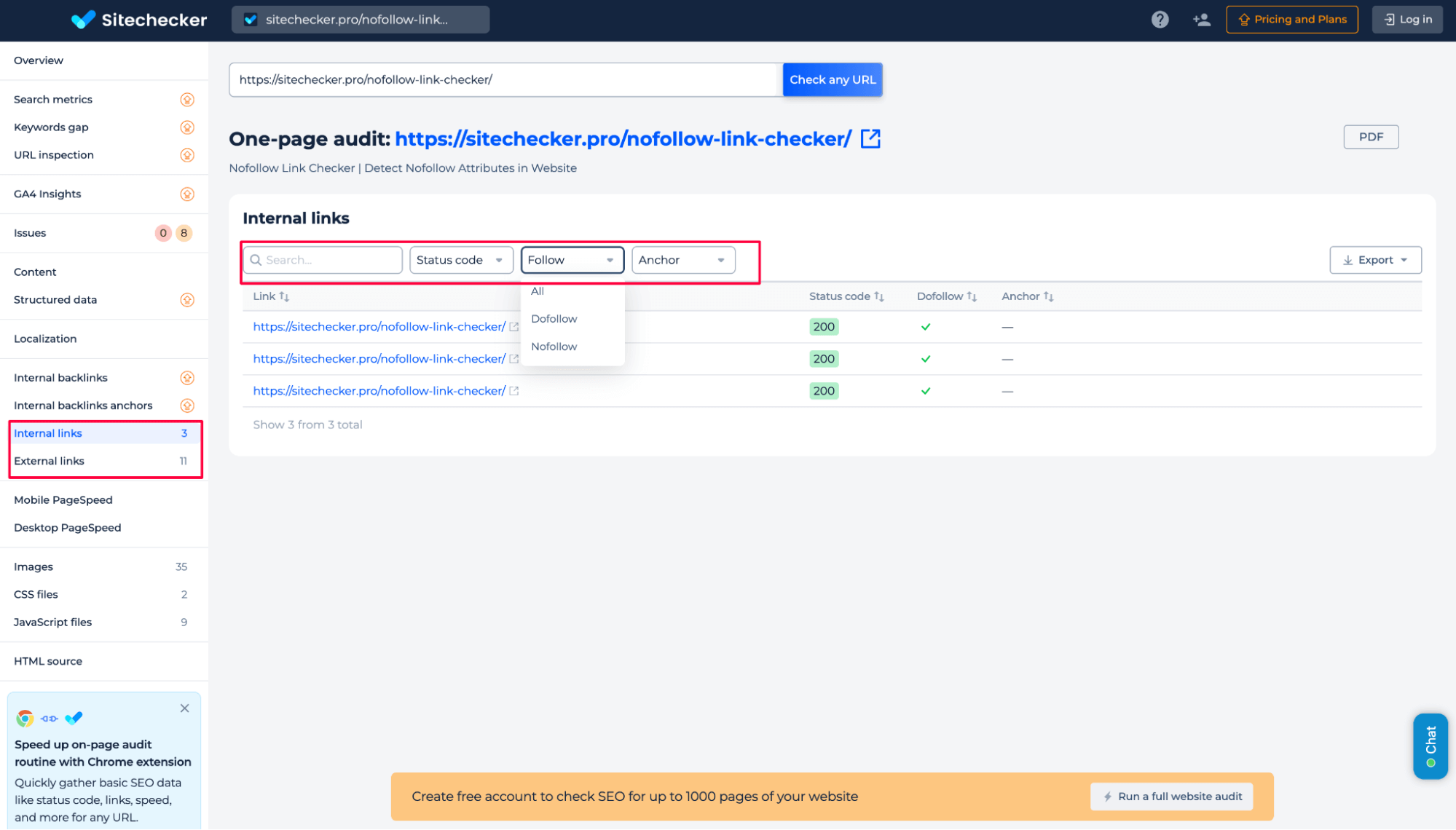On-page audit internal links