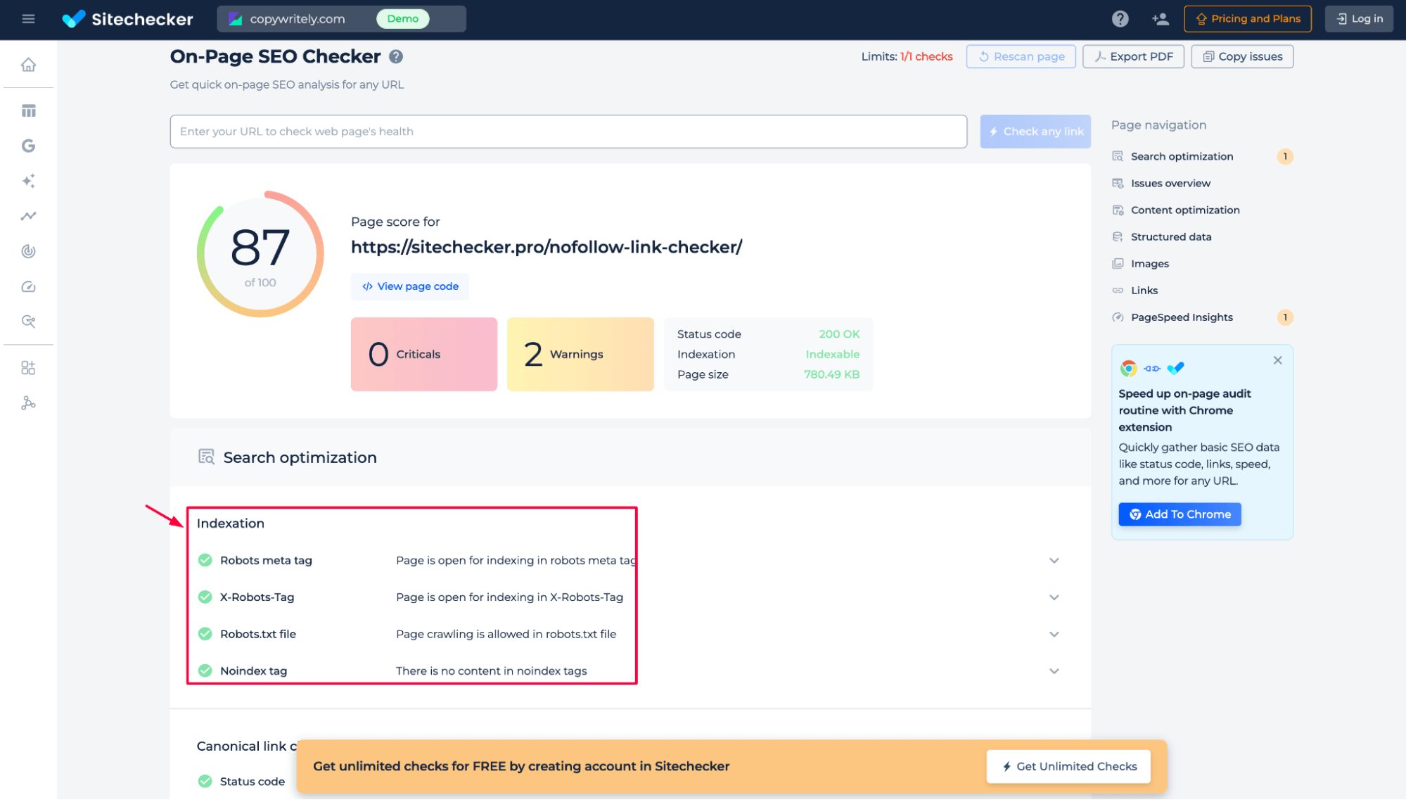 On-page SEO Checker indexation