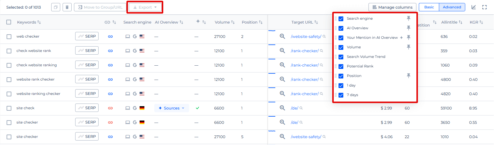 Export Manage Columns
