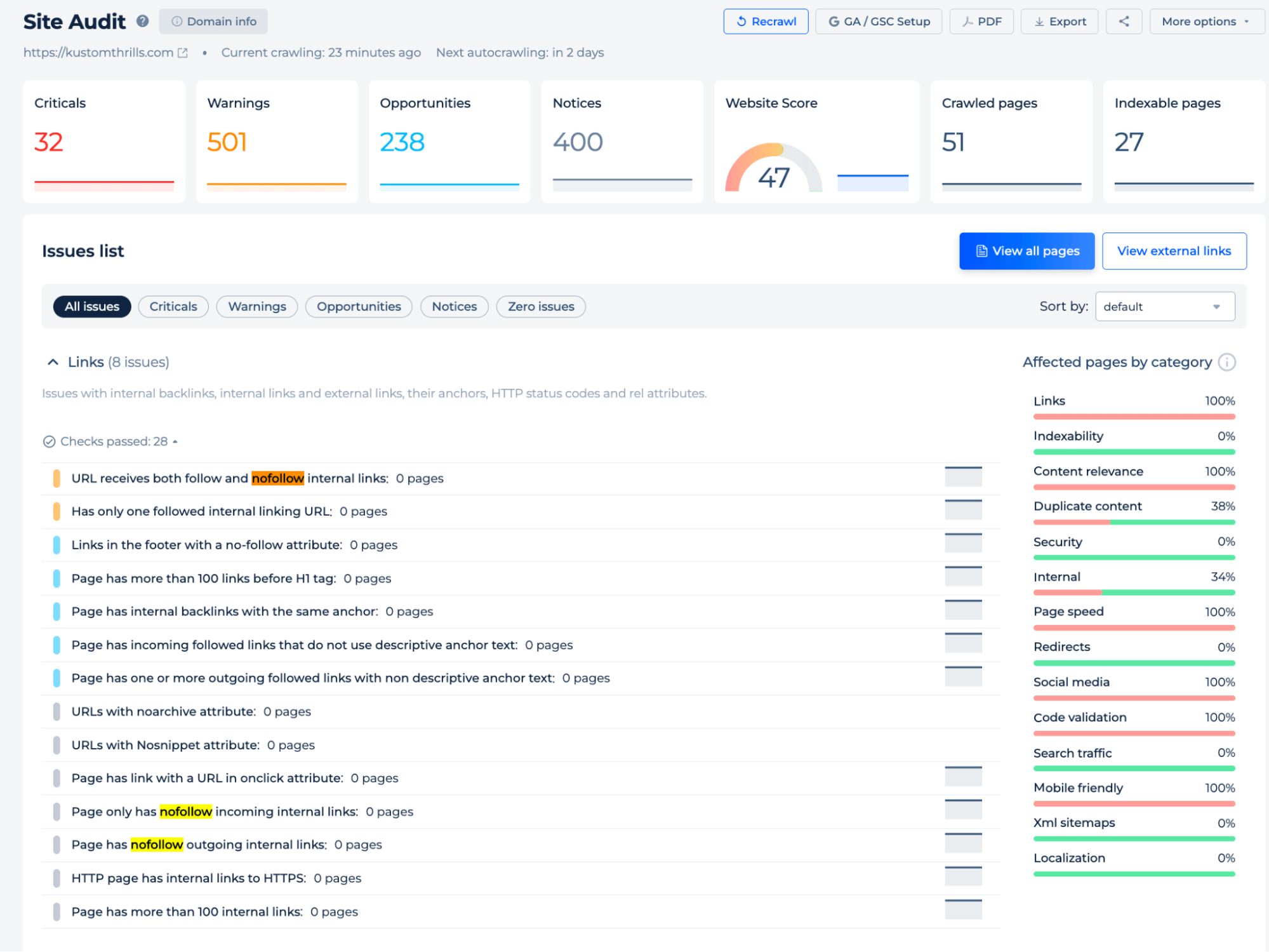 Site audit nofollow issues