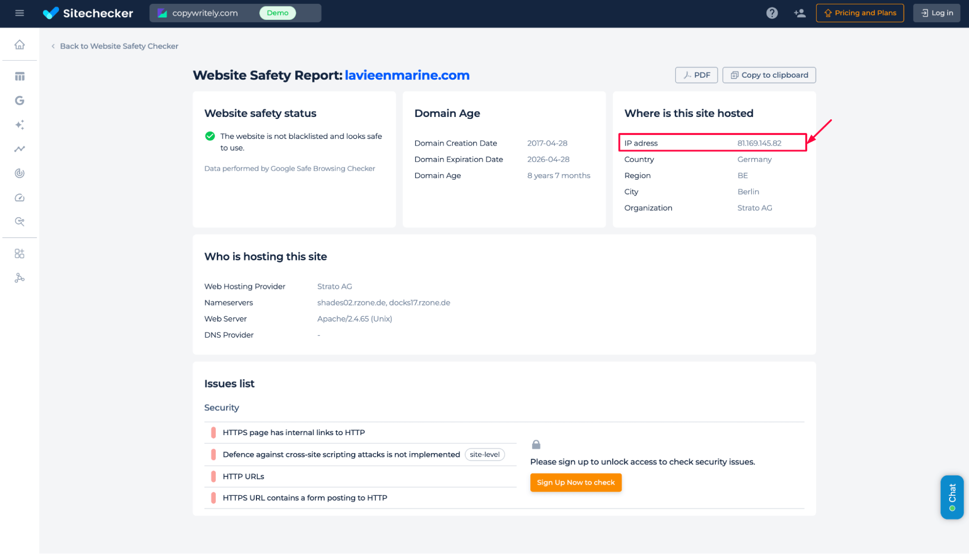 Website safety report, IP adress