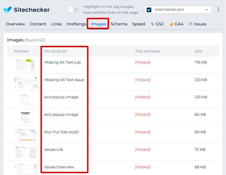 Sitechecker Chrome Extension alt tags