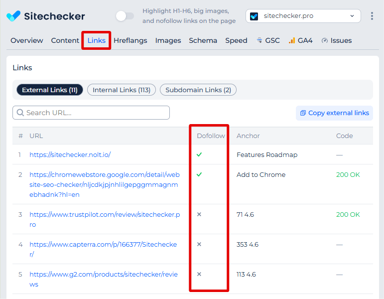 Sitechecker Chrome Extension nofollow check