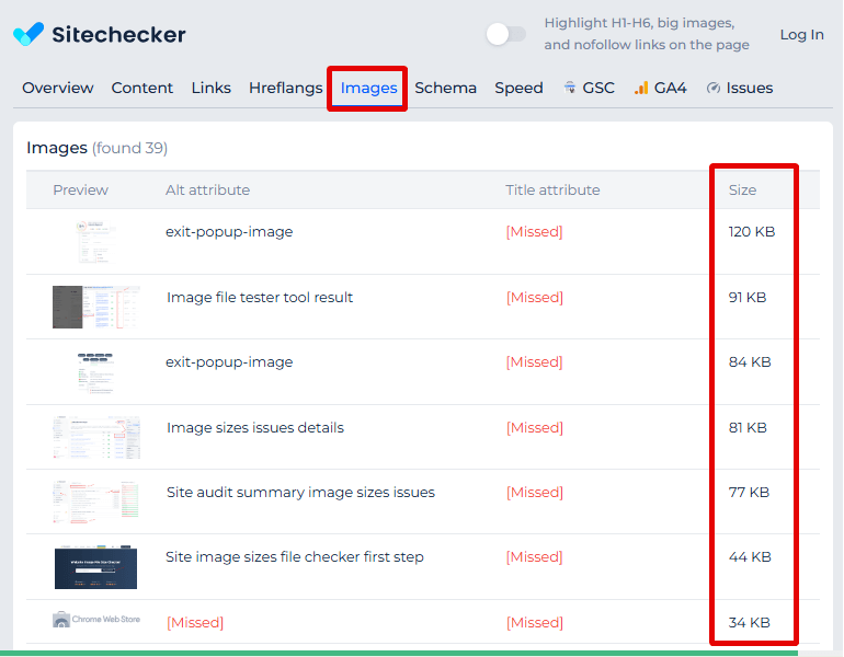 Sitechecker Chrome Extension imag size