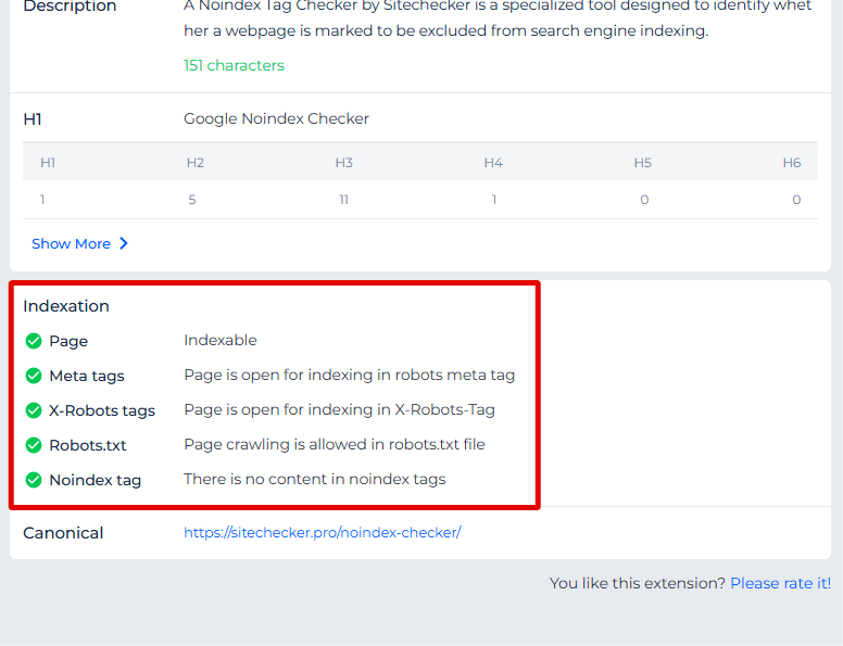 Sitechecker Chrome Extension indexation
