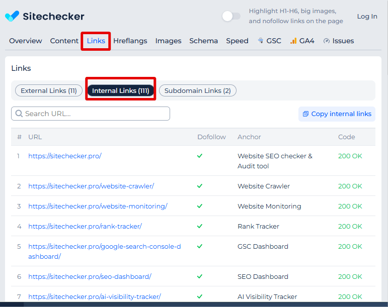 Sitechecker Extension internal links