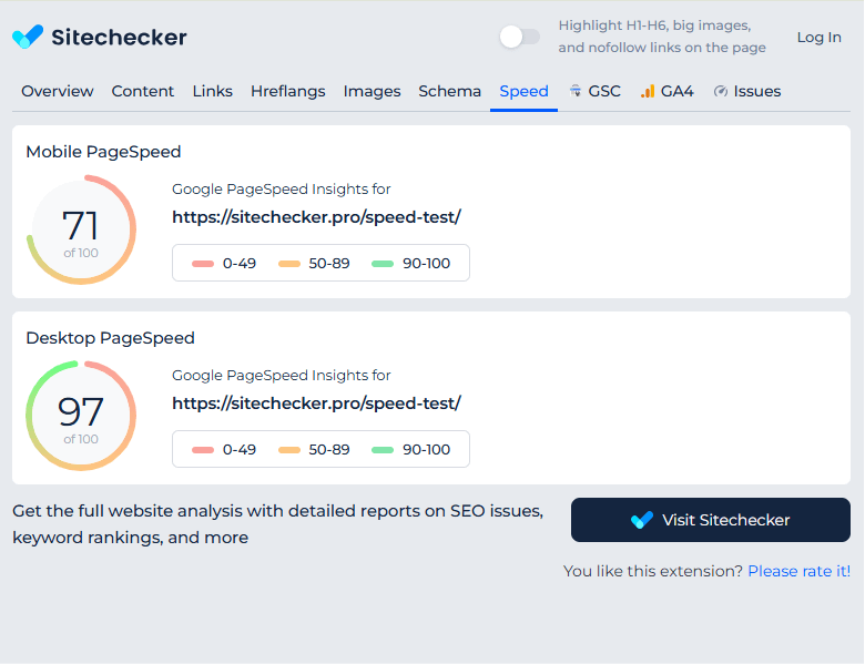 Sitechecker Chrome Extension PageSpeed