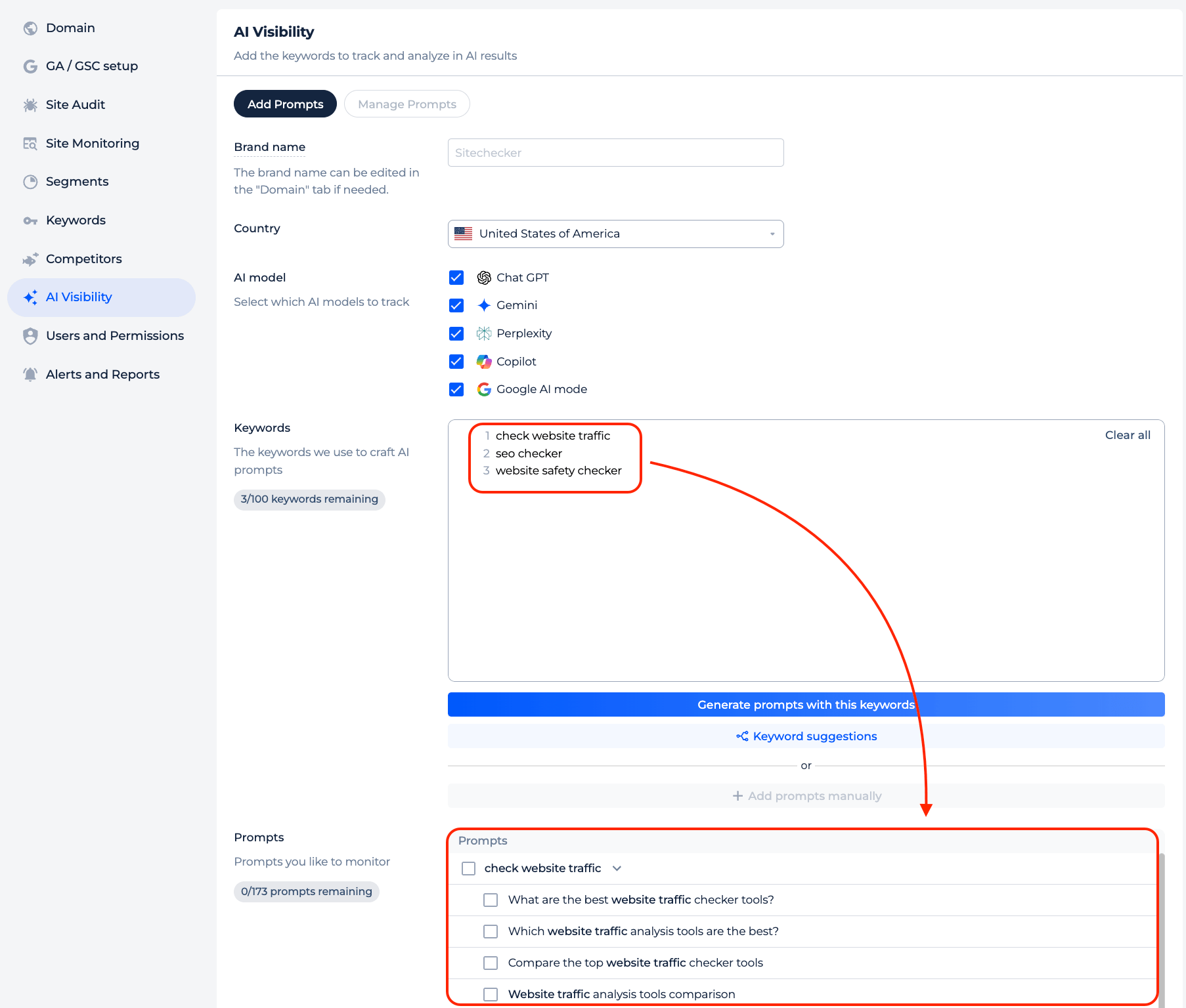 AI Chat Visibility prompt settings