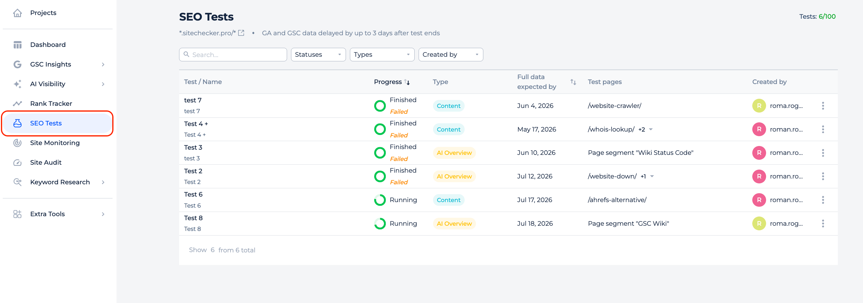 SEO Tests log
