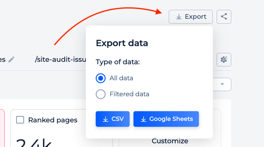 Export and share options in the search engagement report
