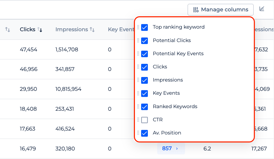 Manage columns settings in the report table