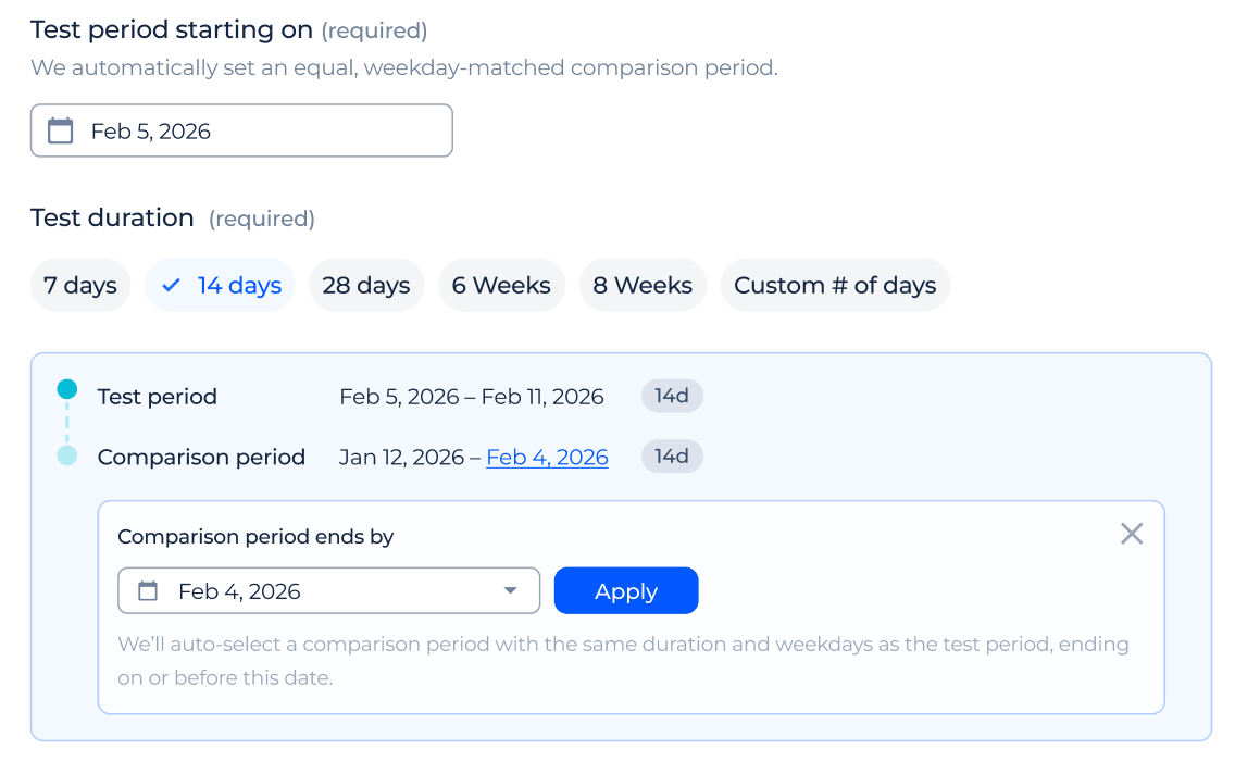 Automatic comparison period for an SEO test