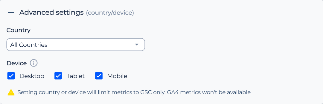 Country and device filters for an SEO experiment
