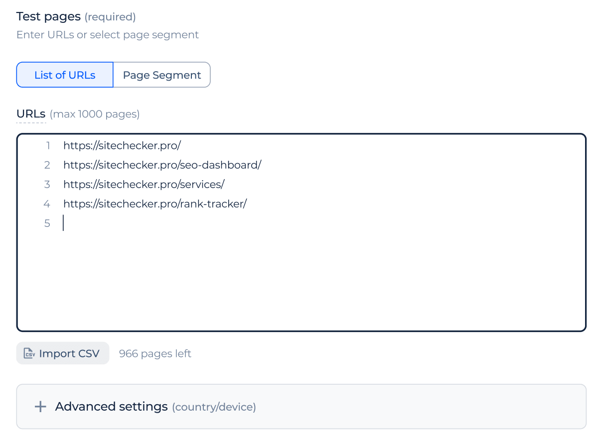 Setting SEO experiment scope by segment or URL list