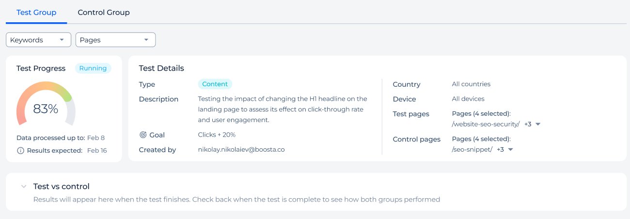 SEO test status and progress bar