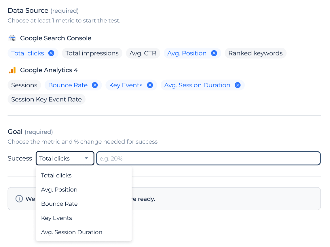 Success metric and target growth for an SEO experiment