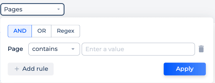 Pages filter with AND OR rules and regex option
