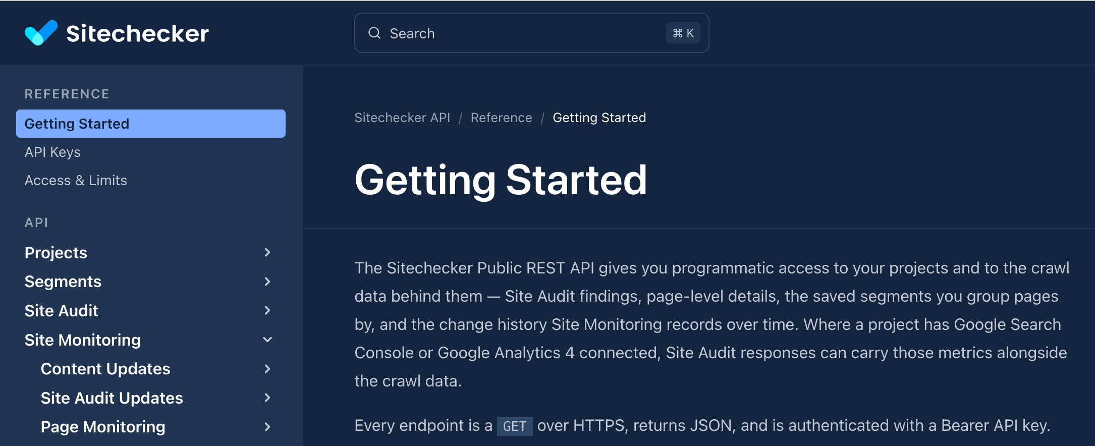 Sitechecker API documentation getting started page